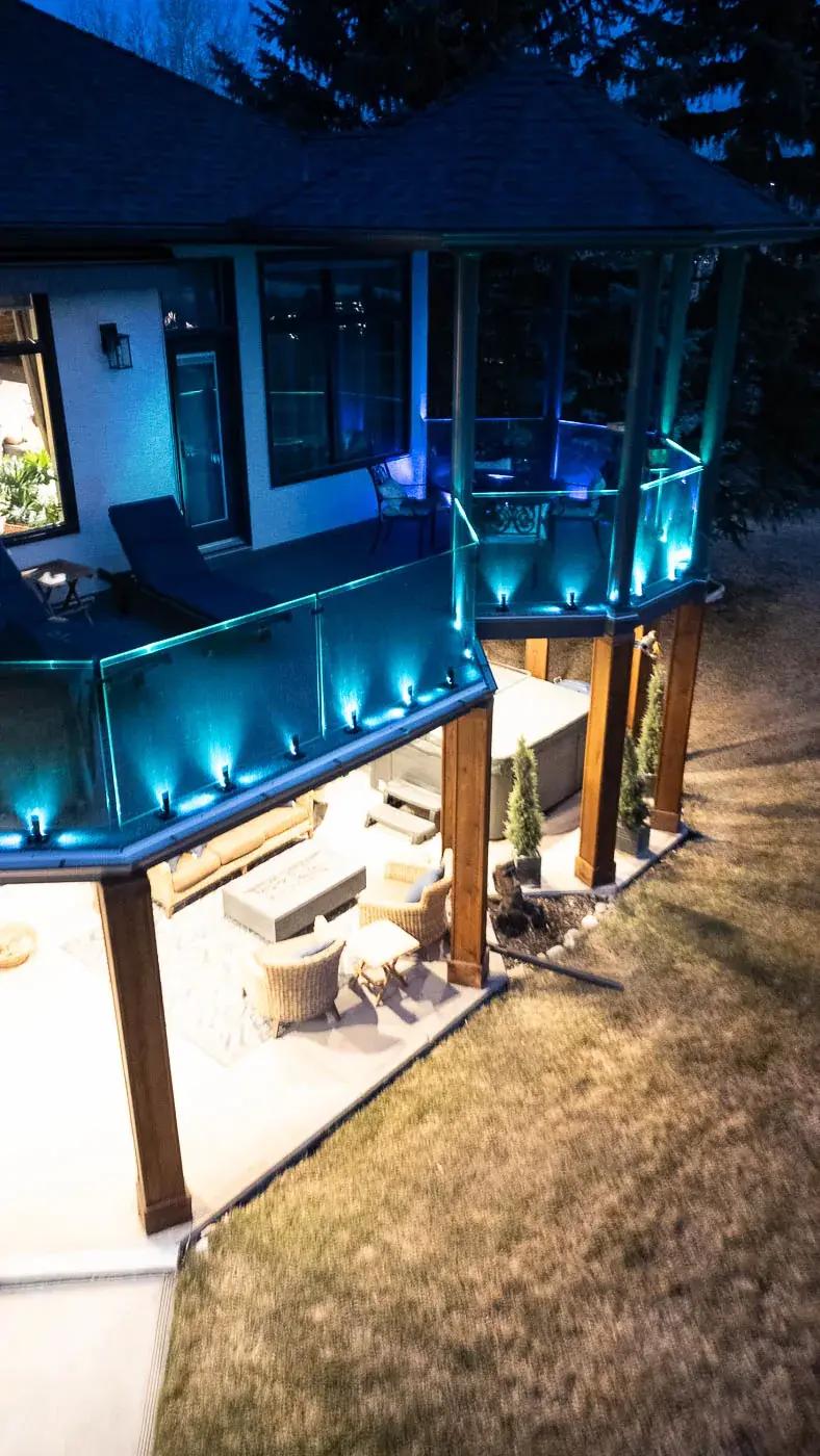 Aerial perspective of LED glass spigot deck railing